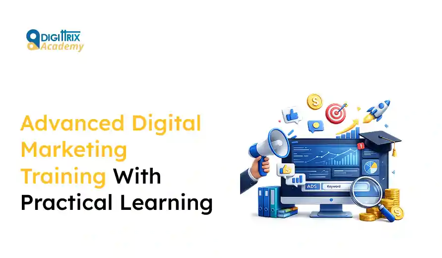 Advanced Digital Marketing Training with practical learning, featuring a computer screen, megaphone, and digital marketing icons.