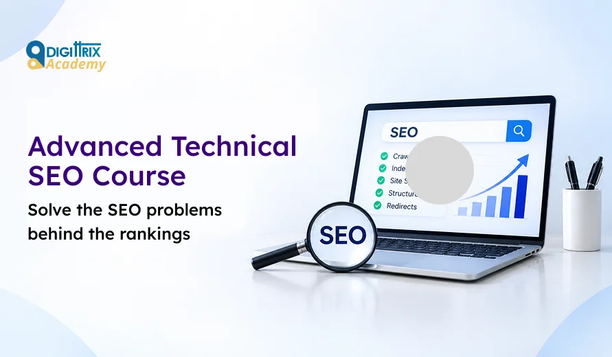Laptop with SEO search and graph, magnifying glass labeled SEO, text promoting Advanced Technical SEO Course by DigiTrix Academy.