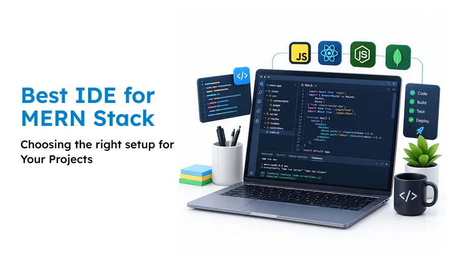 Laptop screen showing code for a MERN stack app with icons for JavaScript, React, Node.js, and MongoDB on a white background.