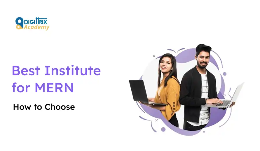 Two smiling individuals with laptops, surrounded by purple and white graphics, beside the text Best Institute for MERN: How to Choose. Bright, educational tone.