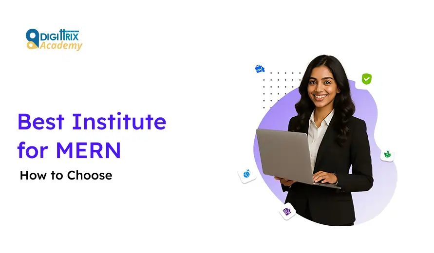 A smiling woman in a suit holds a laptop against a purple backdrop with digital icons. Text reads Best Institute for MERN: How to Choose.