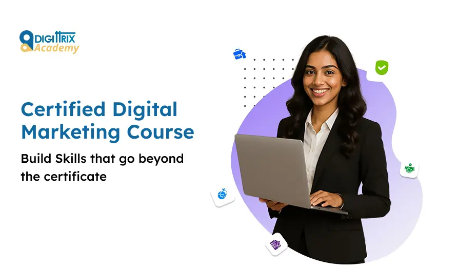 Smiling woman in a black suit holding a laptop with text about a Certified Digital Marketing Course by Digitrix Academy.