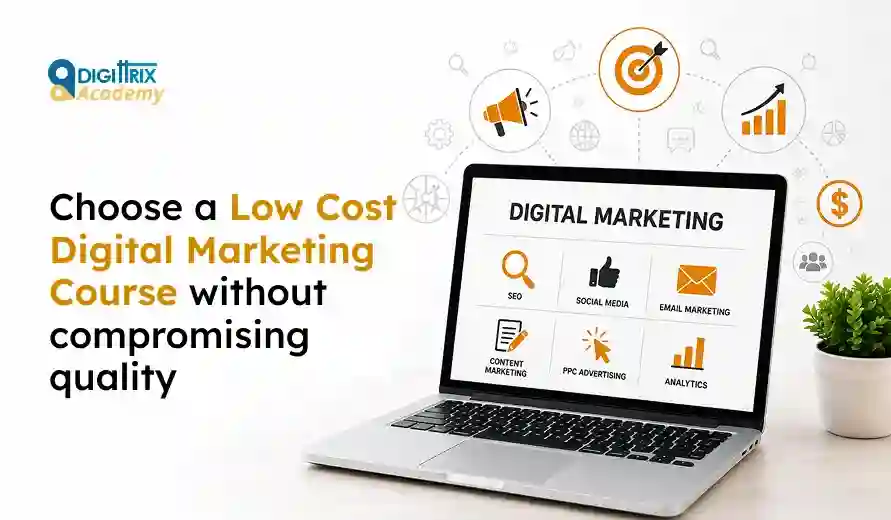Laptop displaying digital marketing topics with text promoting low cost digital marketing courses from Digittrix Academy.