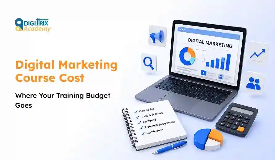 Digital marketing course cost overview with laptop showing graphs, calculator, a pie chart, and checklist of training budget components.