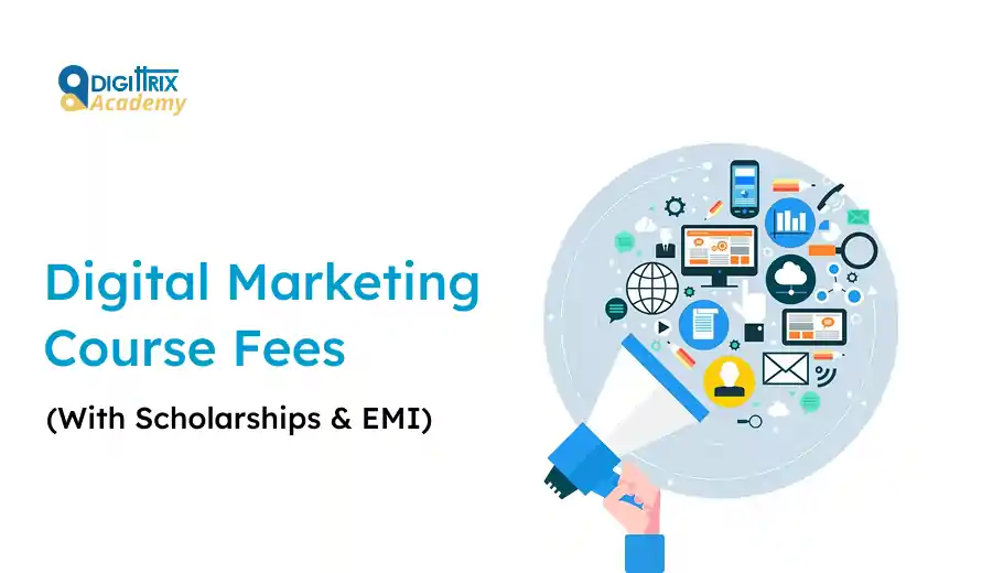 Digital Marketing Course Fees graphic featuring a megaphone and various digital icons like graphs, emails, and social media, conveying online learning opportunities.
