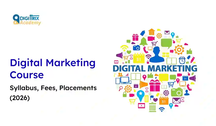 Digital Marketing Course: Syllabus, Fees, Placements (2026) text on left. Colorful digital icons, like gears, graphs, and social media symbols, form a circle on the right conveying a modern, educational tone.