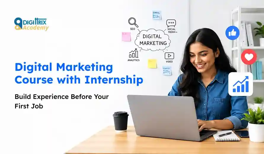 Young woman working on a laptop promoting a digital marketing course with internship to build experience before a first job.