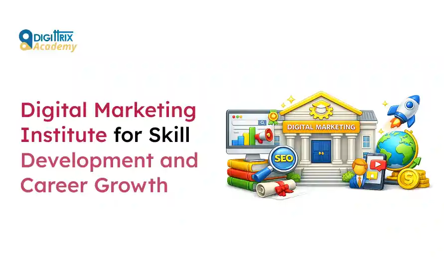 Logo and text for Digitrrix Academy Digital Marketing Institute alongside icons of a digital marketing building, SEO, globe, rocket, and books.