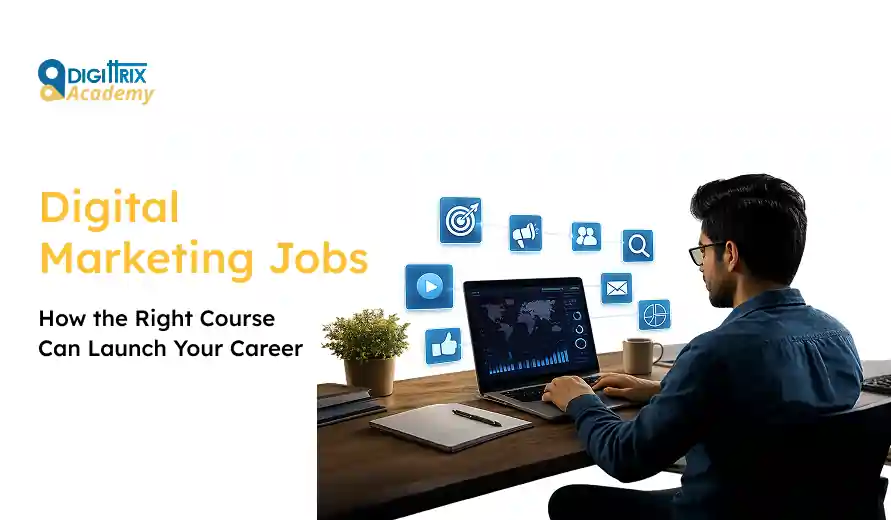 Person working on a laptop with digital marketing icons, promoting how the right course can launch a digital marketing career.