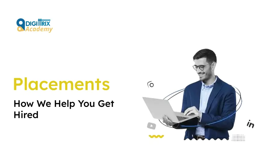 A man in a blue suit smiles while using a laptop. The text reads Placements: How We Help You Get Hired. Logos for social media platforms surround him.