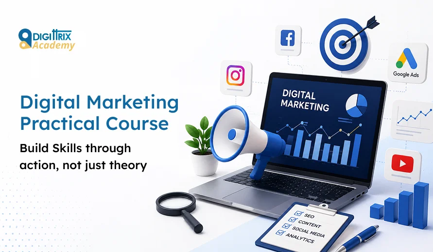 Laptop displaying digital marketing charts surrounded by social media icons, a megaphone, clipboard, and growth symbols for a practical course.