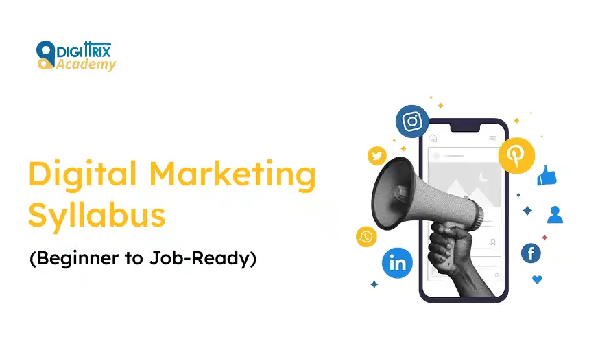 Banner for a digital marketing syllabus course by Digittirix Academy, featuring a hand holding a megaphone in front of a smartphone with social media icons.