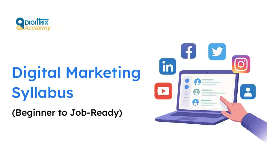 Digital Marketing Syllabus cover showing a laptop with social media icons like Facebook, Twitter, and Instagram, conveying a tech-savvy tone.