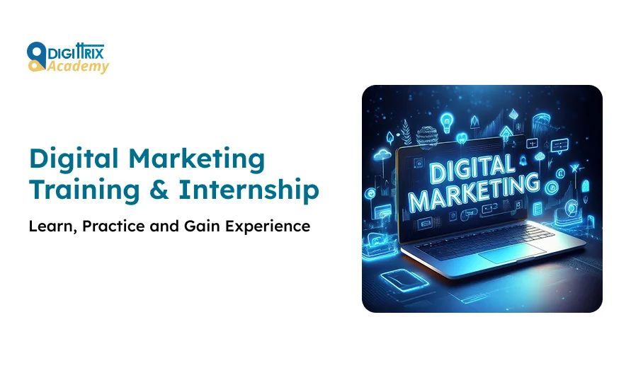 Digital Marketing Training & Internship advertisement with a glowing laptop displaying digital marketing icons and text.