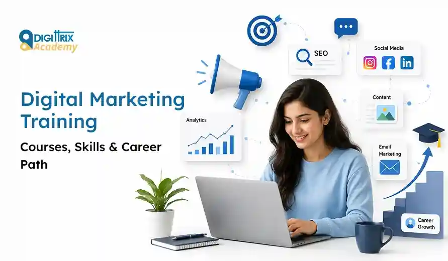 Young woman working on laptop with digital marketing icons for SEO, social media, analytics, content, email marketing, and career growth.