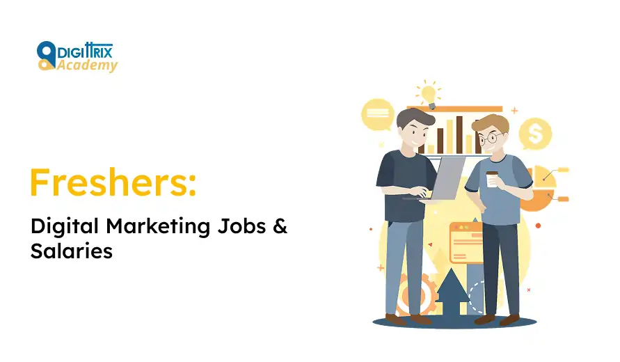 Two men discuss digital marketing, analyzing graphs and data on a laptop. The text reads Freshers: Digital Marketing Jobs & Salaries.