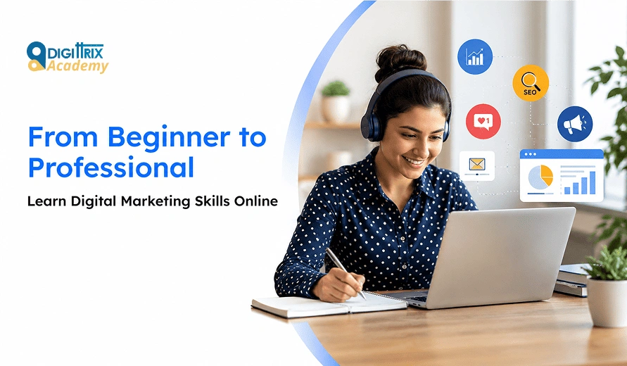 Woman wearing headphones studies digital marketing online with laptop and notebook, surrounded by marketing icons and graphs.