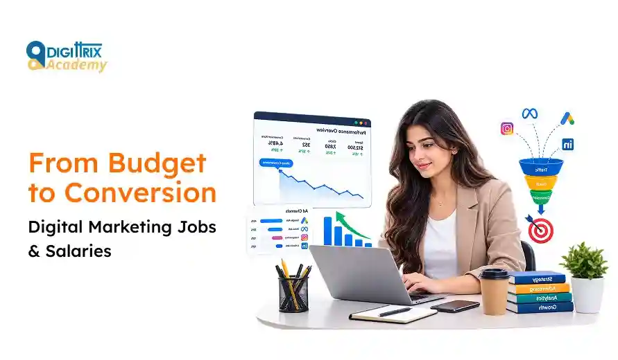 Woman working on laptop at desk with digital marketing charts, funnel icons, and books titled Strategy, Advertising, Analytics, Growth.