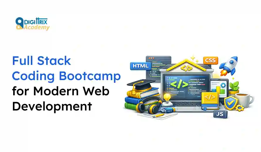 Image promoting Full Stack Coding Bootcamp for modern web development with laptop, code, books, and coding icons.