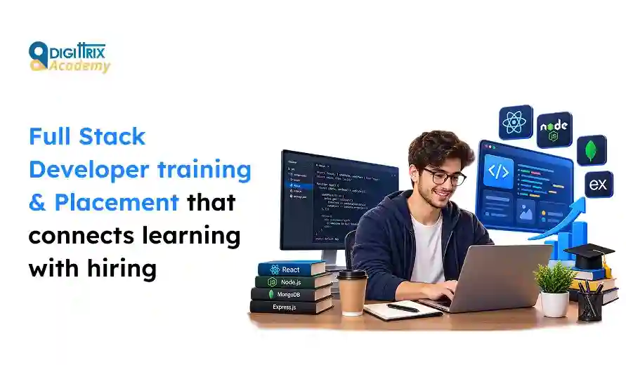 Young man working on a laptop with coding on screens, books on React, Node.js, MongoDB, Express.js, promoting full stack developer training.