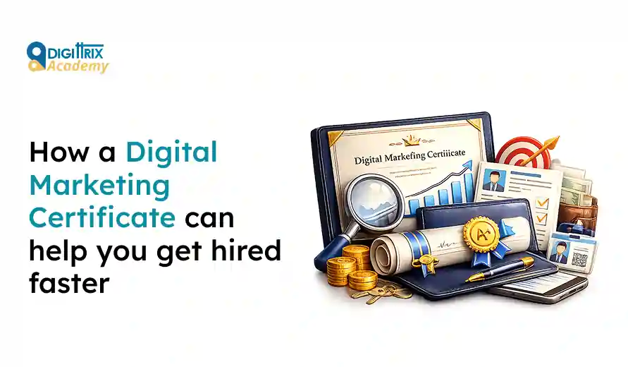 Image of a digital marketing certificate, magnifying glass, coins, ID cards, and a target, with text about getting hired faster.