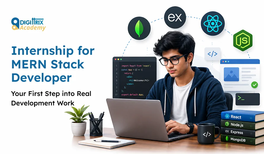 Young man coding on laptop with MERN stack logos and development icons, promoting internship for MERN stack developers at DigiTrix Academy.