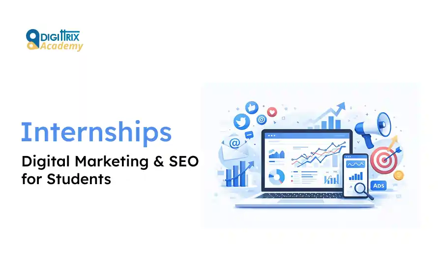 Graphic with text Internships: Digital Marketing & SEO for Students. Features a laptop with charts, social media icons, a megaphone, and a target symbol.
