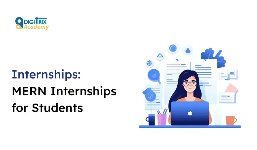 A person working on a laptop, surrounded by design elements and text, with a title about MERN internships for students.