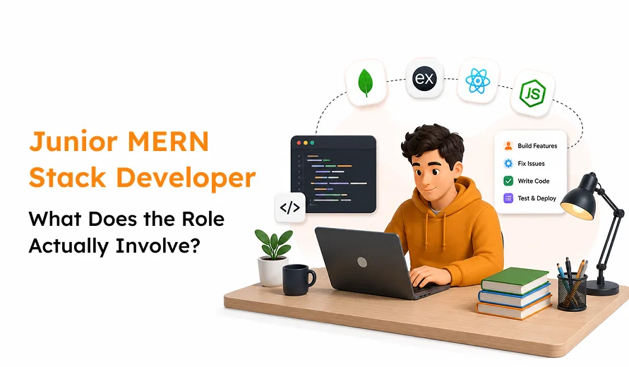 Image of a Junior MERN Stack Developer working on a laptop with icons for MongoDB, Express, React, and Node.js, and role tasks listed.