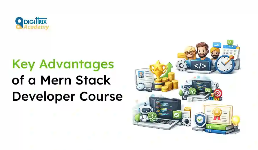 Promotional image highlighting key advantages of a Mern Stack Developer Course with icons of coding, trophies, certificates, and learning tools.