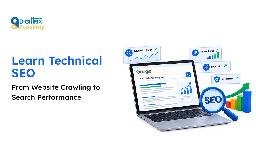 Visual representation of technical SEO concepts linking website structure to enhanced search engine performance.