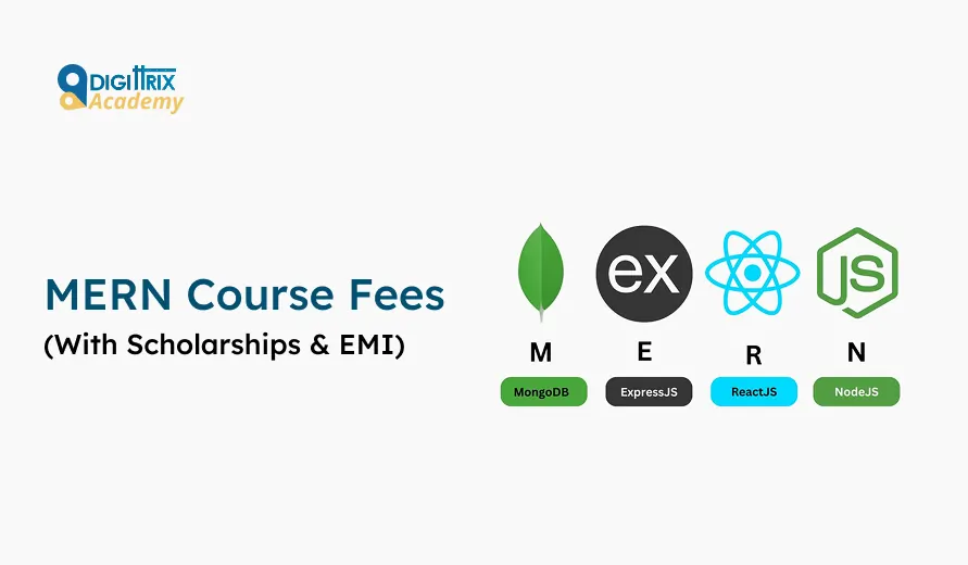 Digittrix Academy MERN course ad featuring logos for MongoDB, ExpressJS, ReactJS, and NodeJS. Text mentions scholarships and EMI options.
