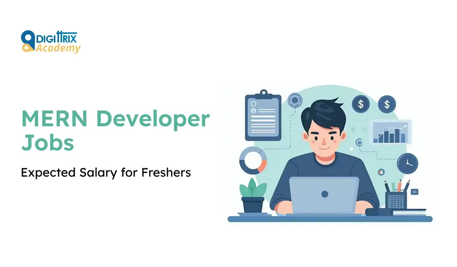 Image of a MERN developer working on a laptop, surrounded by charts and icons, with text about expected salary for freshers.