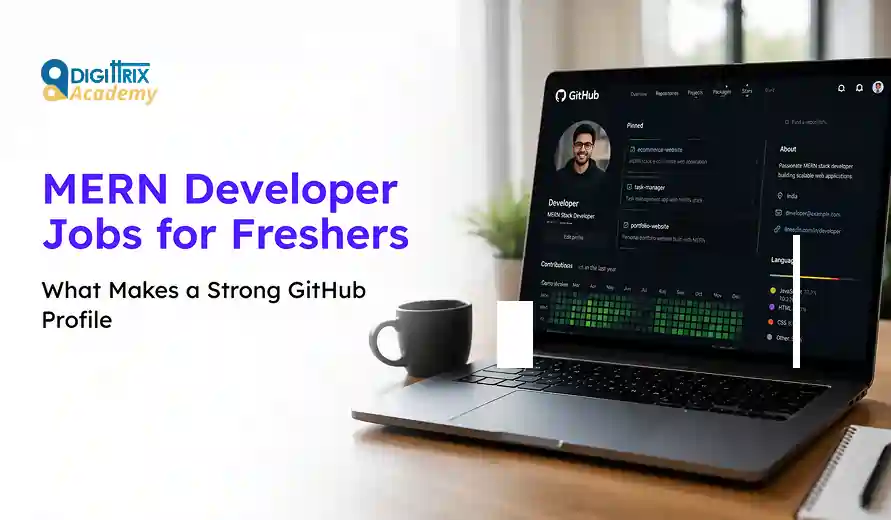 A laptop displaying a GitHub profile sits on a desk with a cup and notebook, alongside text about "MERN Developer Jobs for Freshers" from Digitilrix Academy.