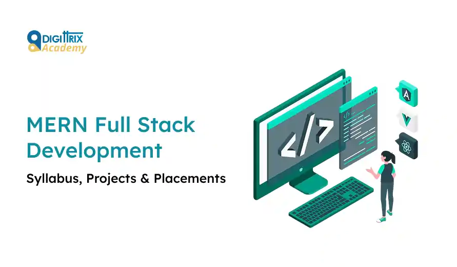 Graphic for Digittrix Academy MERN Full Stack Development course. Includes image of code, computer, and project icons, suggesting a technology focus.