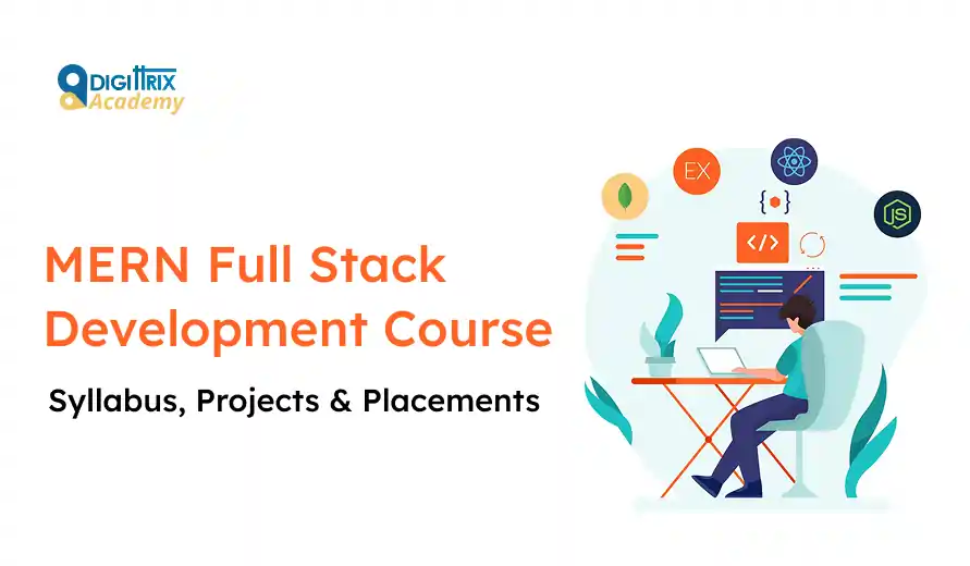 Digital course advertisement for MERN Full Stack Development. Includes icons for coding and technology, with a person sitting at a desk using a computer.