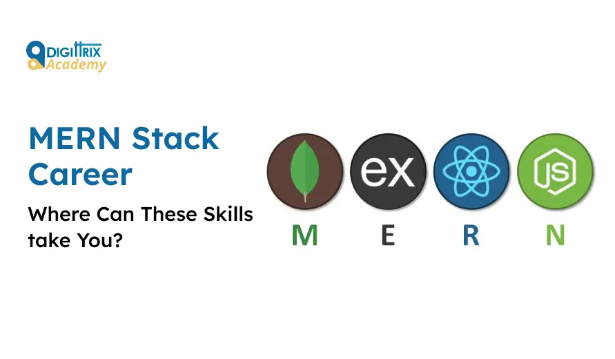Logo of Digittrix Academy with MERN Stack Career heading and icons for MongoDB, Express, React, and Node.js technologies.