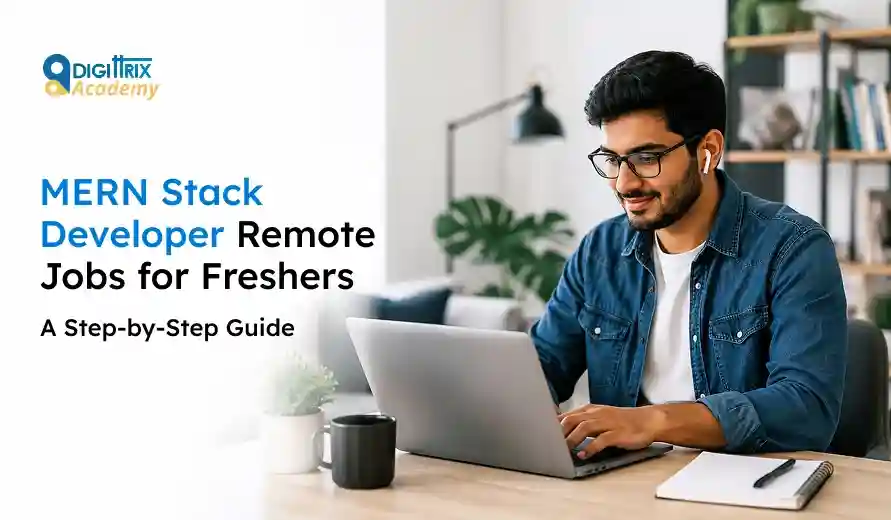 Young man with glasses and earbuds working on a laptop at a desk, promoting MERN Stack Developer remote jobs for freshers guide.
