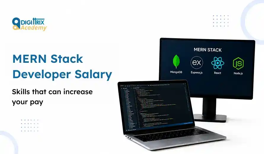 Laptop and monitor displaying MERN stack technologies: MongoDB, Express.js, React, Node.js with text about MERN stack developer salary and skills.