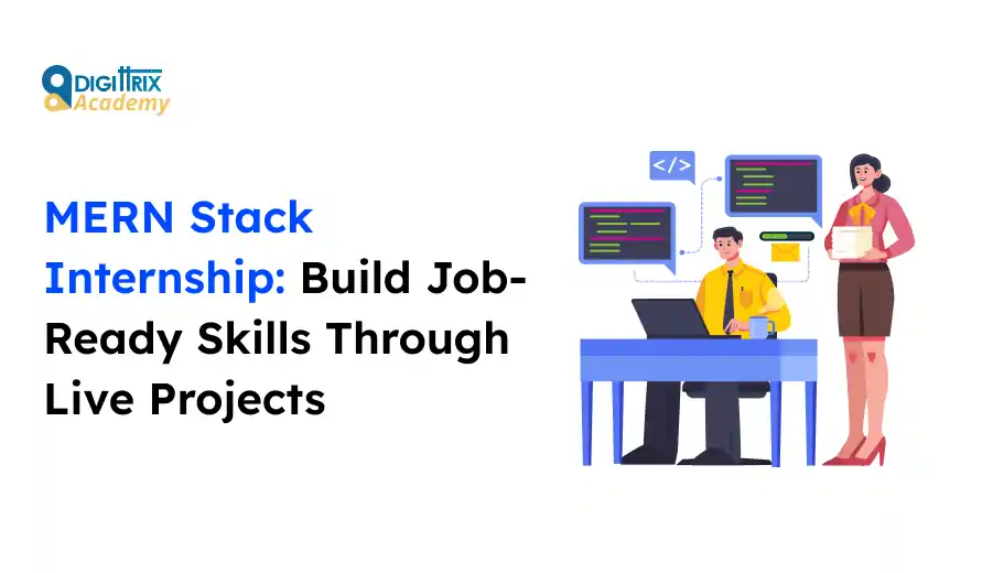 Image of a man coding on a laptop and a woman holding documents, with text promoting MERN Stack Internship for job-ready skills.