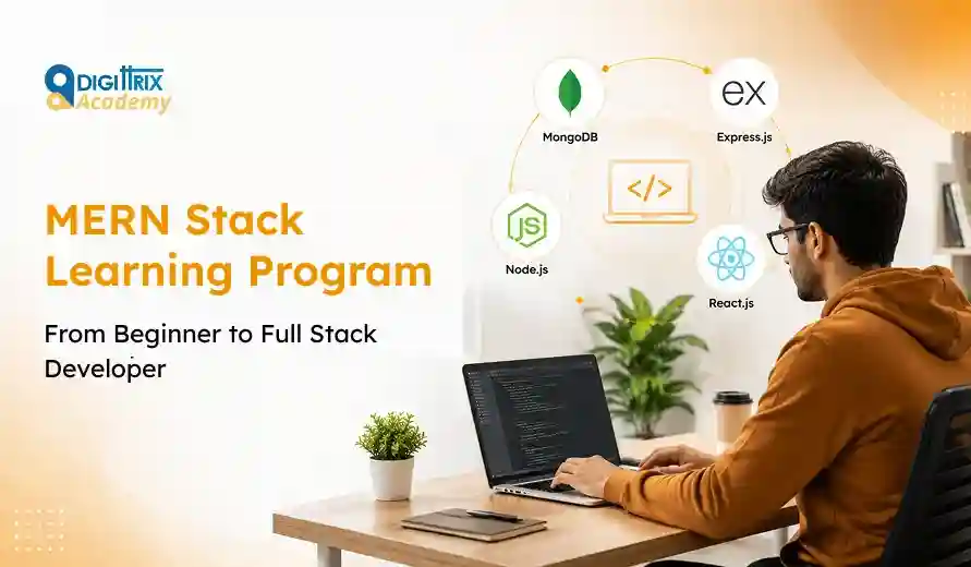 Person coding on laptop with MERN Stack Learning Program details and icons for MongoDB, Express.js, Node.js, and React.js around a coding symbol.