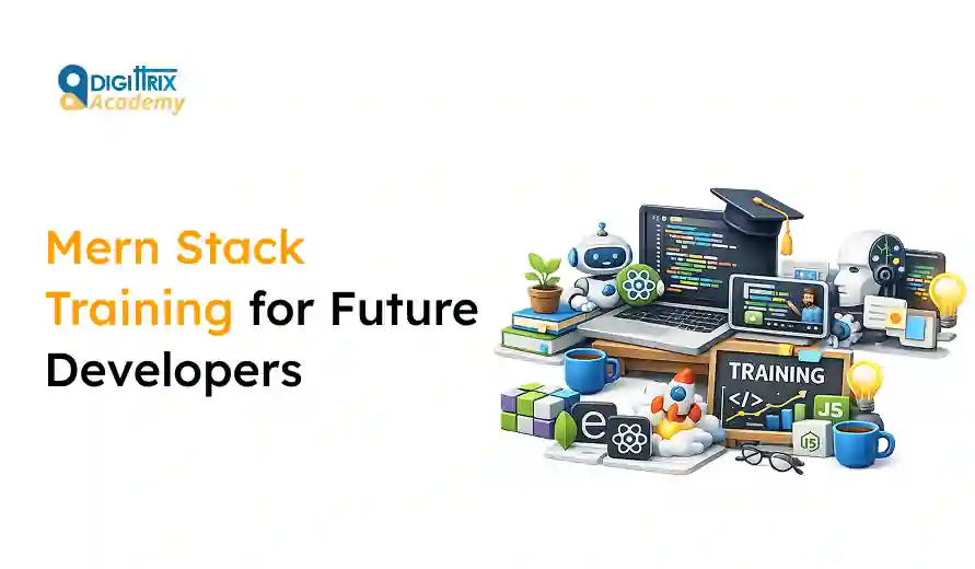 Mern Stack Training for Future Developers with digital learning tools, coding symbols, a robot, a laptop, and a graduation cap image.