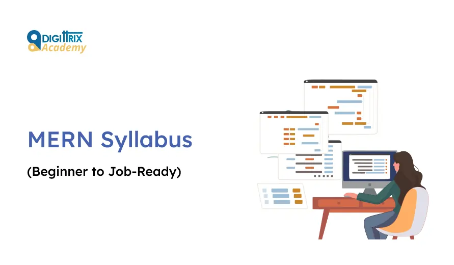 MERN Syllabus graphic featuring a person at a desk with multiple computer screens displaying code, alongside text: MERN Syllabus (Beginner to Job-Ready). Logo in the corner for Digittrix Academy. The tone is educational and professional.