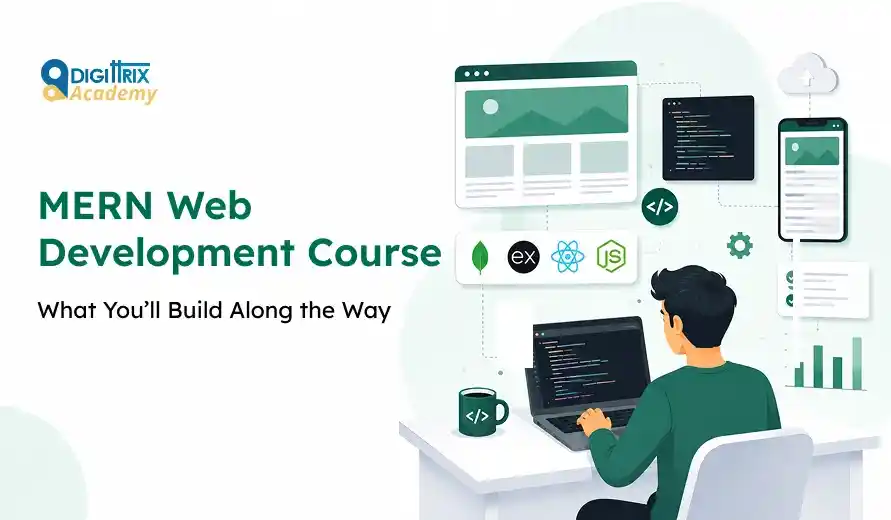 Illustration of a person coding on a laptop with MERN stack logos and website UI elements, promoting a MERN Web Development Course.