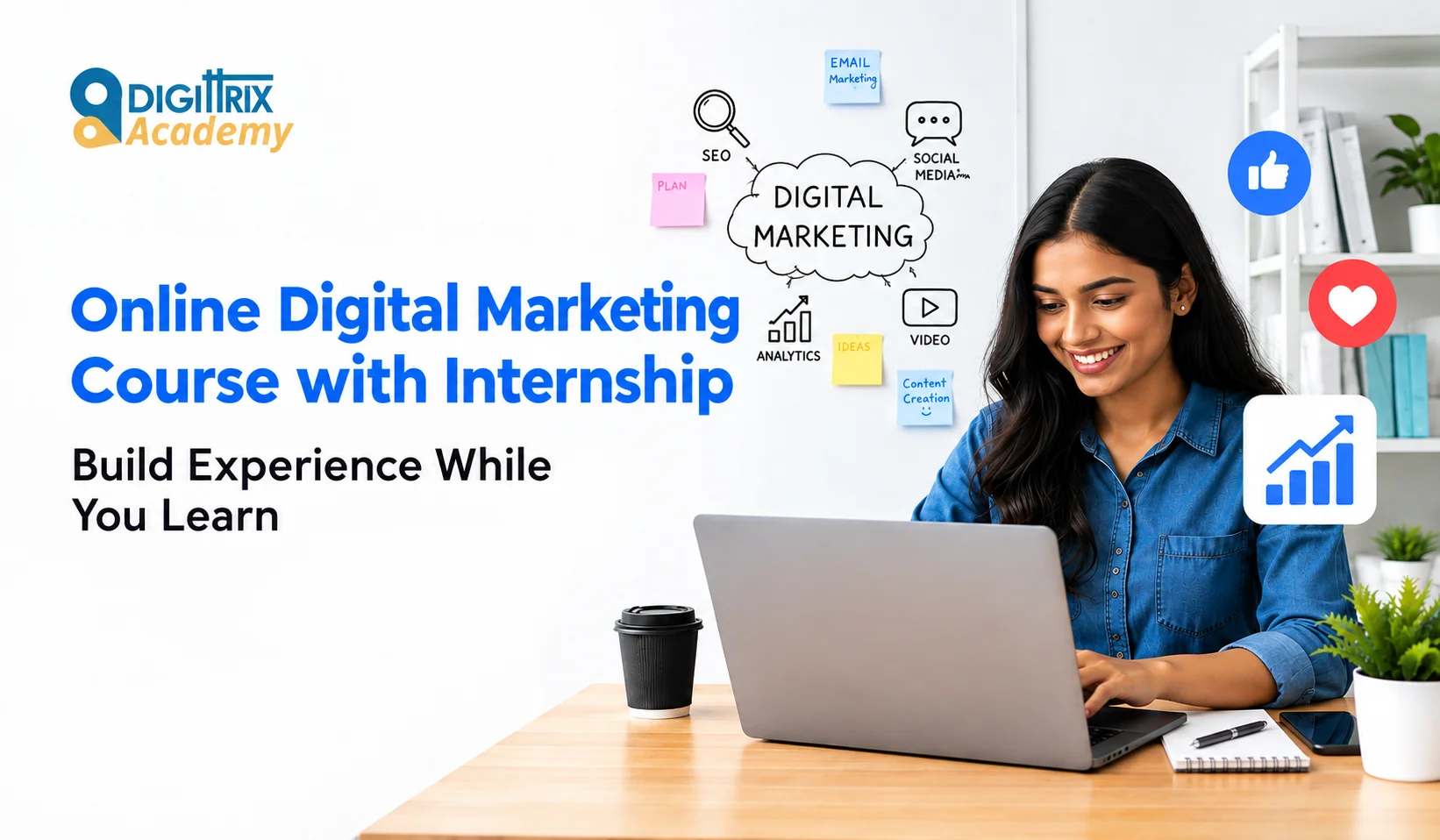 Young woman smiling while working on laptop, with digital marketing course text and icons around her.