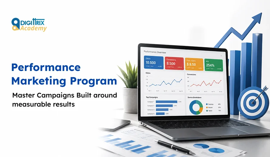 Laptop showing marketing performance data next to charts, pen, plant, phone, and an upward arrow with target graphic.