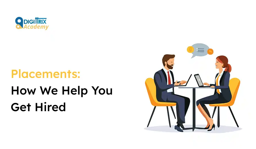 Image of two business professionals sitting at a table, discussing with laptops. Text reads Placements: How We Help You Get Hired. Positive, professional tone.