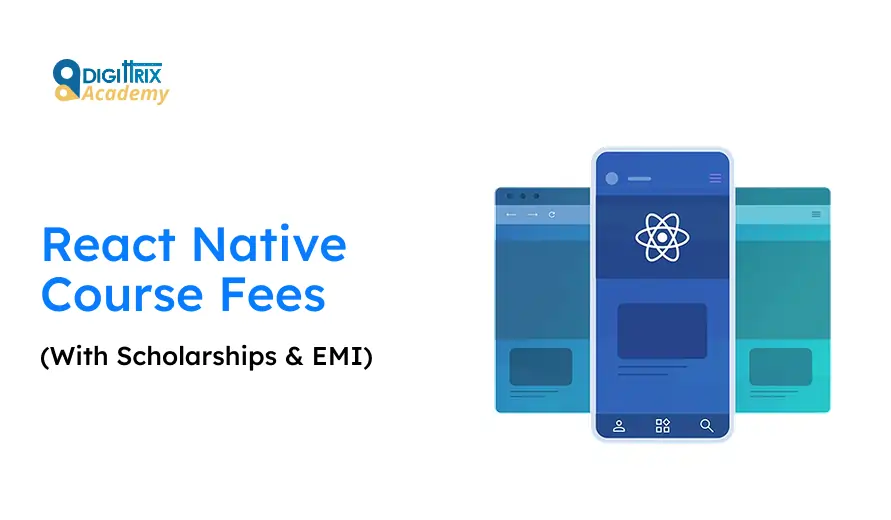 React Native course fees information with scholarships and EMI options, shown alongside digital mobile and web app graphics.