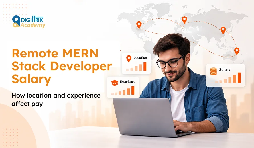 Man working on laptop with world map and charts showing how location and experience impact remote MERN stack developer salary.