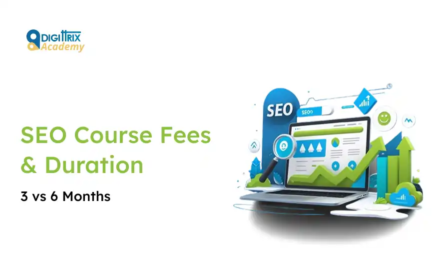 SEO Course Fees and Duration on a presentation slide. Image of a laptop with graphs and a magnifying glass, symbolizing SEO concepts.